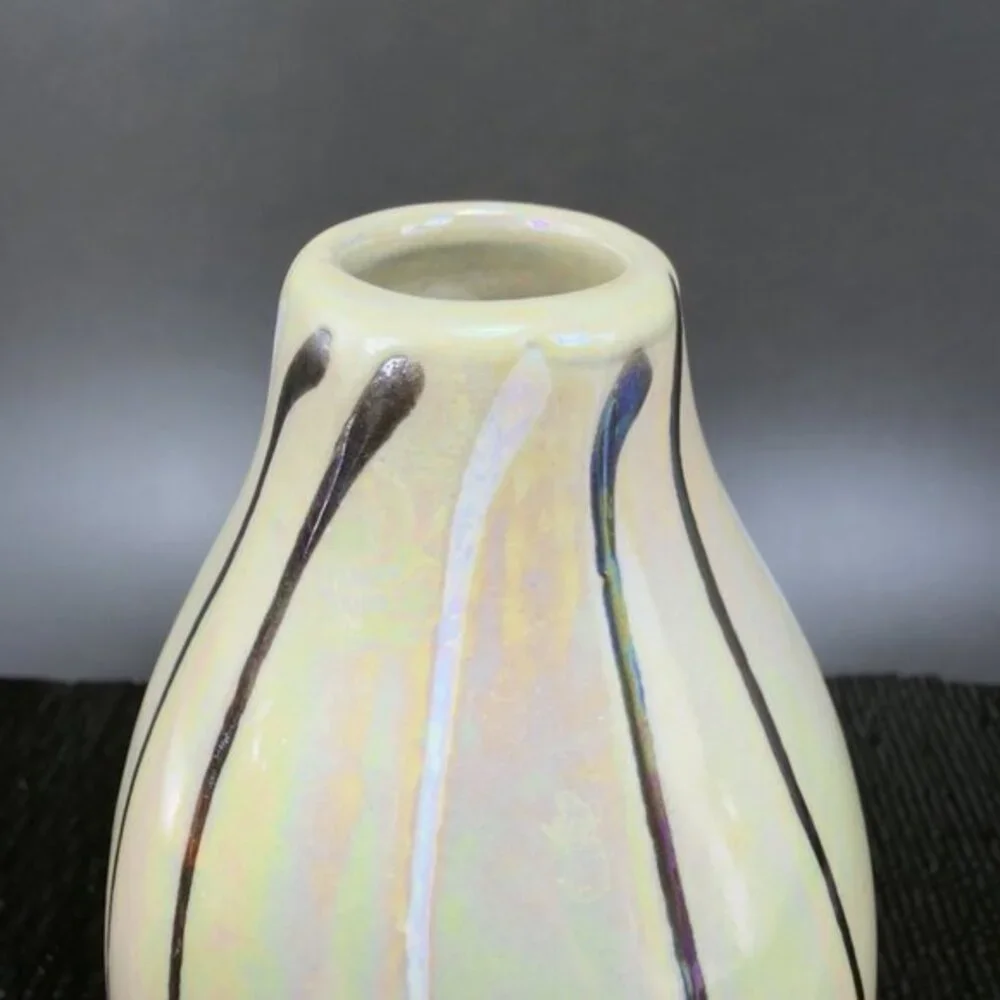 Vintage Ceramic Bud Vase With Yellow Shiny Iridescent‎ Finish Black White Lines